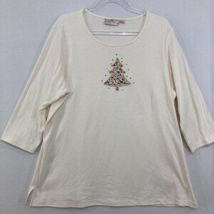Quacker Factory XL White Cream Beaded Stretch 3/4 Sleeve Pullover Top Holiday